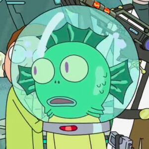 Green fish creature with wide eyes inside a glass helmet