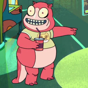 Pink creature with big teeth grinning and holding a drink cup