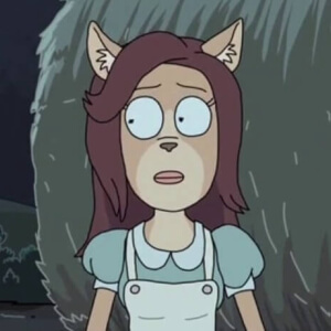Young woman with brown hair and dog-like ears wearing a dress