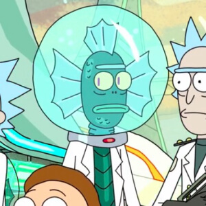 Blue-green fish creature in a helmet wearing a white lab coat