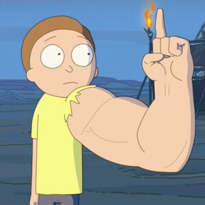 Morty with an oversized muscular arm raised upward
