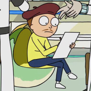 Morty sitting with a beret sketching on a drawing pad
